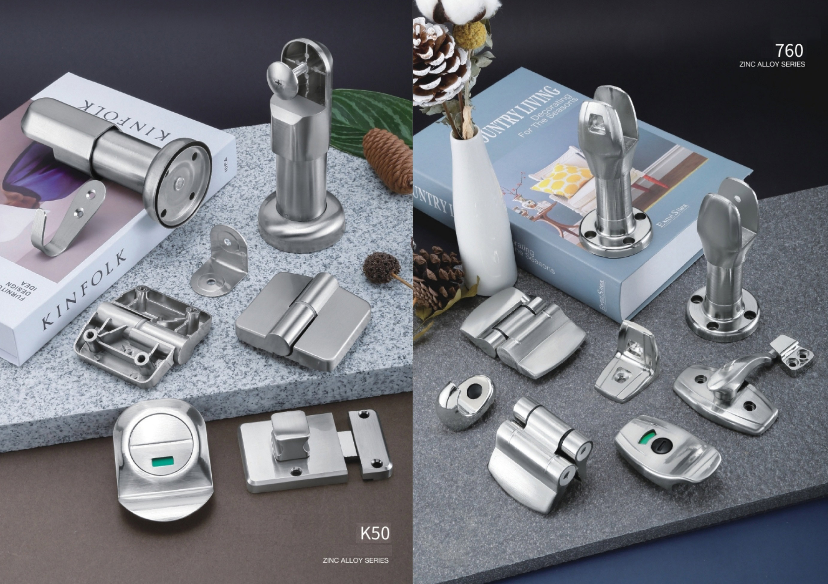 Stainless steel toilet partition hardware system including hinges, locks, support legs and connectors for commercial restroom cubicles